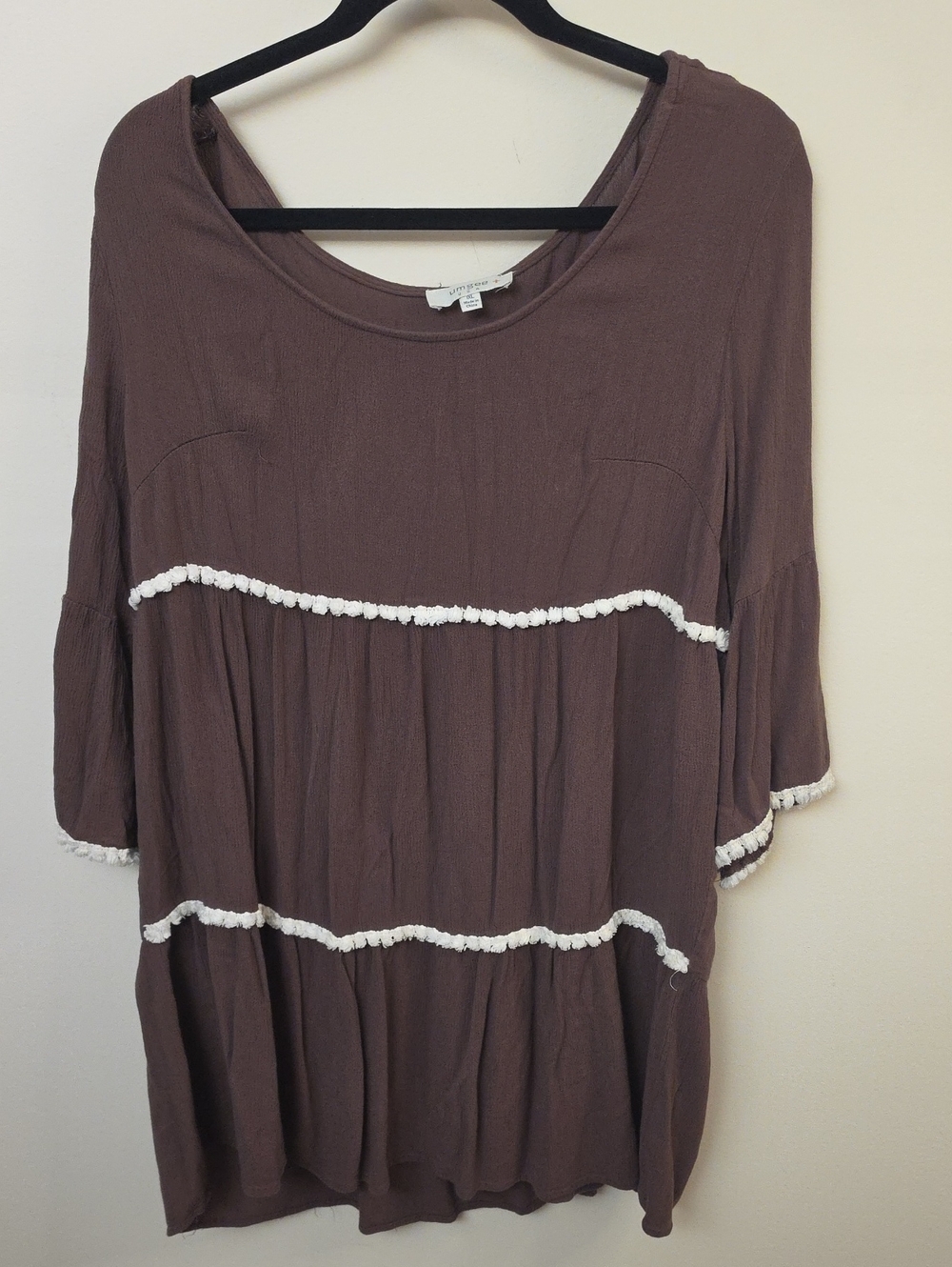 Umgee Boho Festival Tunic Blouse 1X Brown Cream Tiered Peasant Cottagecore - Picture 2 of 5